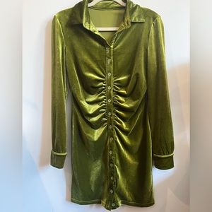 Green Velvet Ruched Mini Dress with Long Sleeves, Size Small
